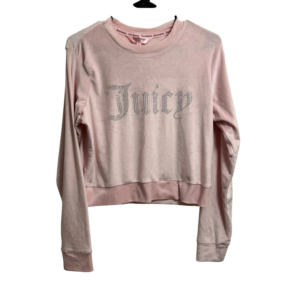 Juicy Couture Womens M Pink Velour Y2K Rhinestone Logo Pajama Top Long Sleeve